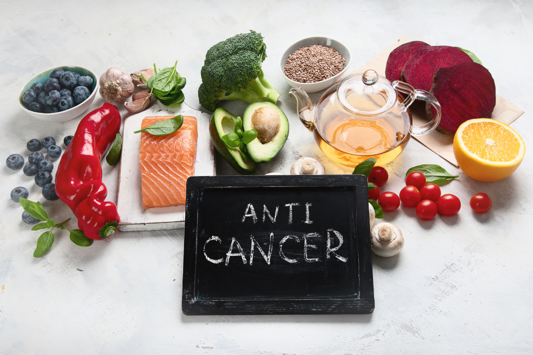 Cancer-fighting foods including salmon, broccoli, berries, vegetables, and olive oil arranged around anti-cancer sign