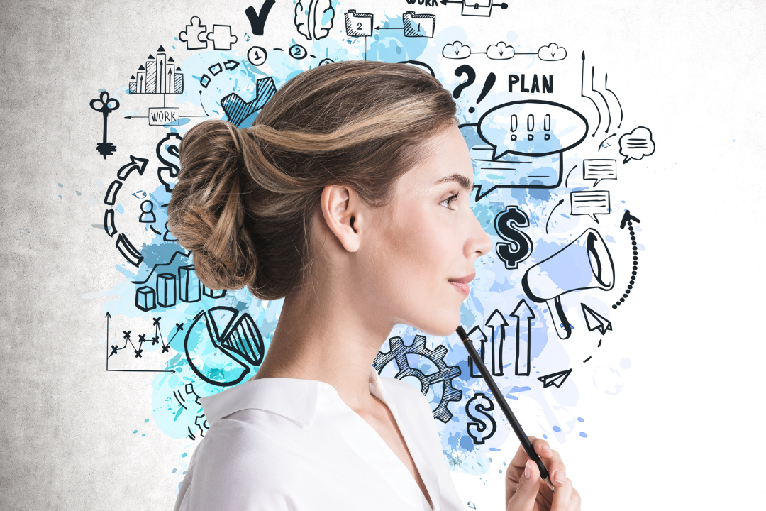 Thoughtful woman with planning and strategy icons around her, symbolizing elevated self-awareness levels and personal insight.