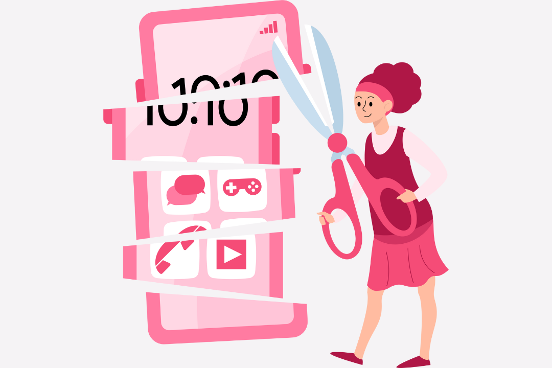 Illustration of a woman cutting a giant smartphone with scissors, symbolizing breaking free from social media addiction.
