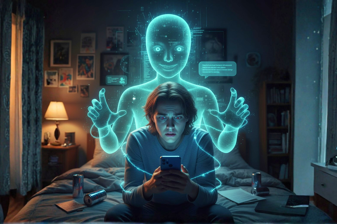 What Is AI Psychosis? Understanding Chatbot-Related Mental Health Risks A person sitting on a bed staring at a smartphone while a glowing AI figure appears behind them, illustrating what is AI psychosis and chatbot-related mental health risks.