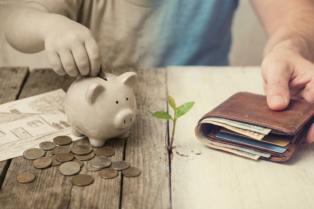 How Childhood Money Beliefs Affect Adult Finances Child's hands with piggy bank, coins, and wallet representing childhood money beliefs that shape adult financial habits