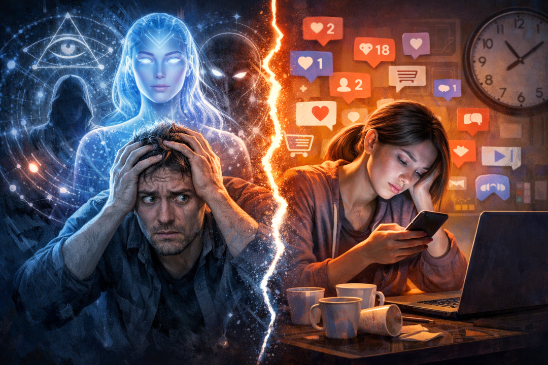 Split image showing a distressed man influenced by a glowing AI figure on one side and a woman exhausted by social media and internet use on the other, illustrating AI psychosis vs internet addiction.
