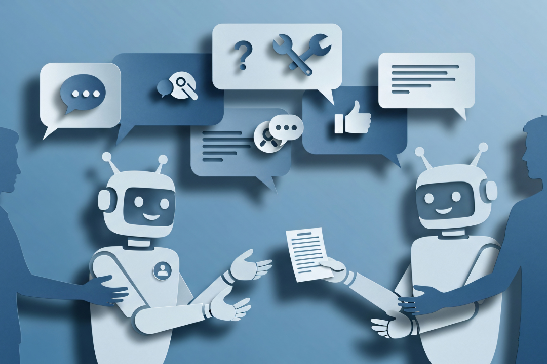 How to Use AI to Think Clearer Reduce Mental Load and Grow Intentionally in 2026 Two AI chatbots exchanging information with communication icons and human silhouettes representing AI-assisted thinking and mental clarity