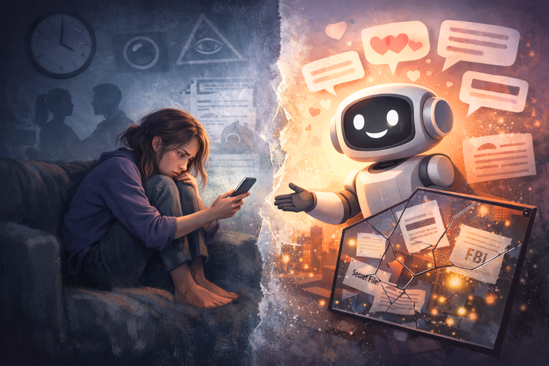 How Chatbot Design Can Fuel Delusions: What Users Need to Know A distressed person sitting alone with a smartphone contrasted with a friendly chatbot figure surrounded by messages, illustrating chatbot mental health risks and emotional manipulation.