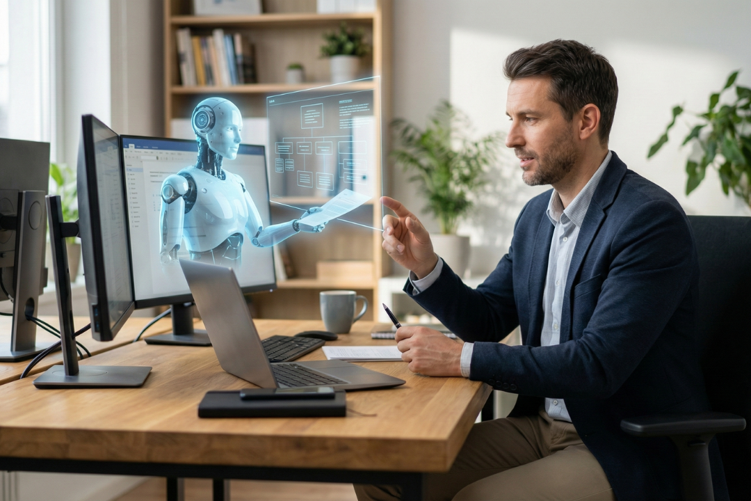 Professional working with AI hologram interface at desk showing correct ChatGPT workflow and productivity