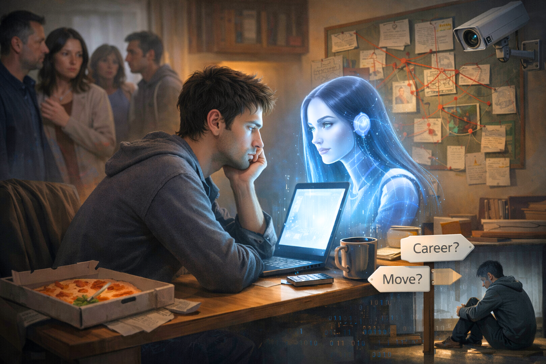 A person deeply focused on a glowing AI figure on a laptop while real people stand disconnected in the background, illustrating early AI psychosis warning signs.