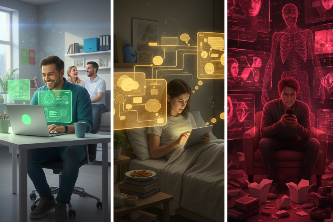 Three-panel image showing balanced AI chatbot use, growing dependence, and unhealthy isolation, illustrating healthy AI chatbot use versus problematic patterns.