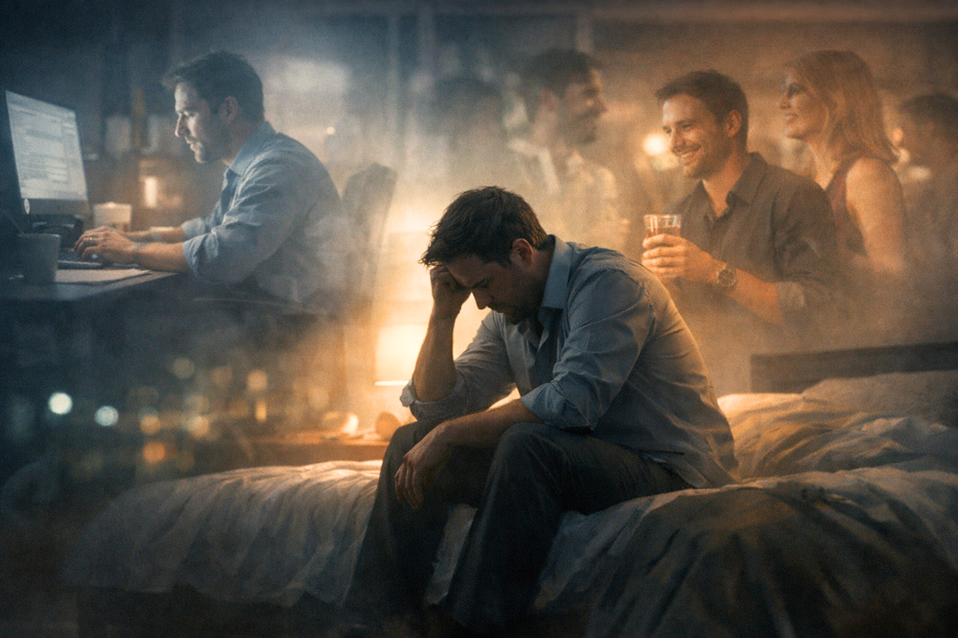 Man sitting alone in distress on bed with ghosted images of him working and socializing showing high-functioning depression reality