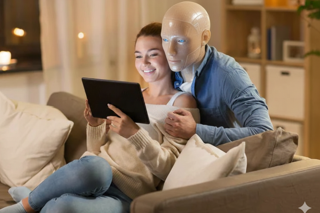 AI Intimacy Why Digital Bonds Feel So Real Person with AI companion figure on couch with tablet showing concept of AI intimacy and digital emotional bonds
