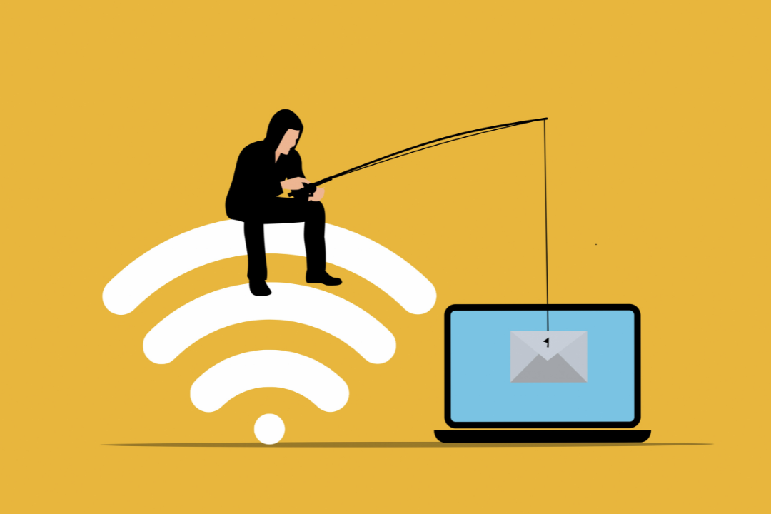 Illustration of person phishing from WiFi symbol into laptop representing online investment scams and digital fraud Illustration of person phishing from WiFi symbol into laptop representing online investment scams and digital fraud